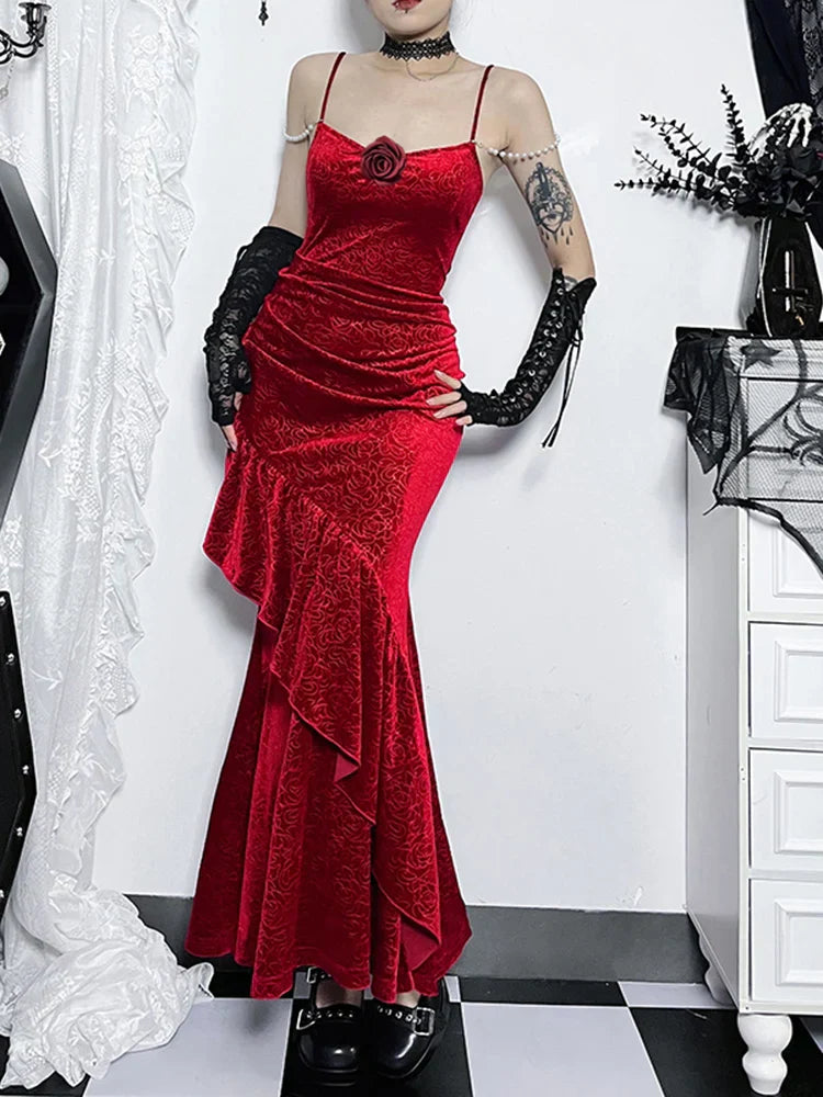 Ruched Cold Shoulder Spaghetti Strap Fishtail Long Retro 3D Rose Bloom Red Wedding Party Dress
