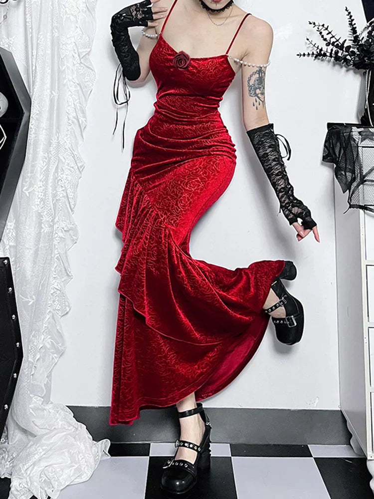 Ruched Cold Shoulder Spaghetti Strap Fishtail Long Retro 3D Rose Bloom Red Wedding Party Dress