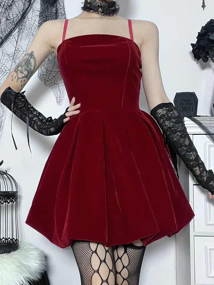 Velvet Gothic Shirring High Waist Solid Spaghetti Straps A Line Mini Dress