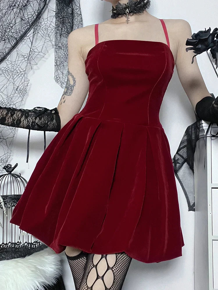 Velvet Gothic Shirring High Waist Solid Spaghetti Straps A Line Mini Dress