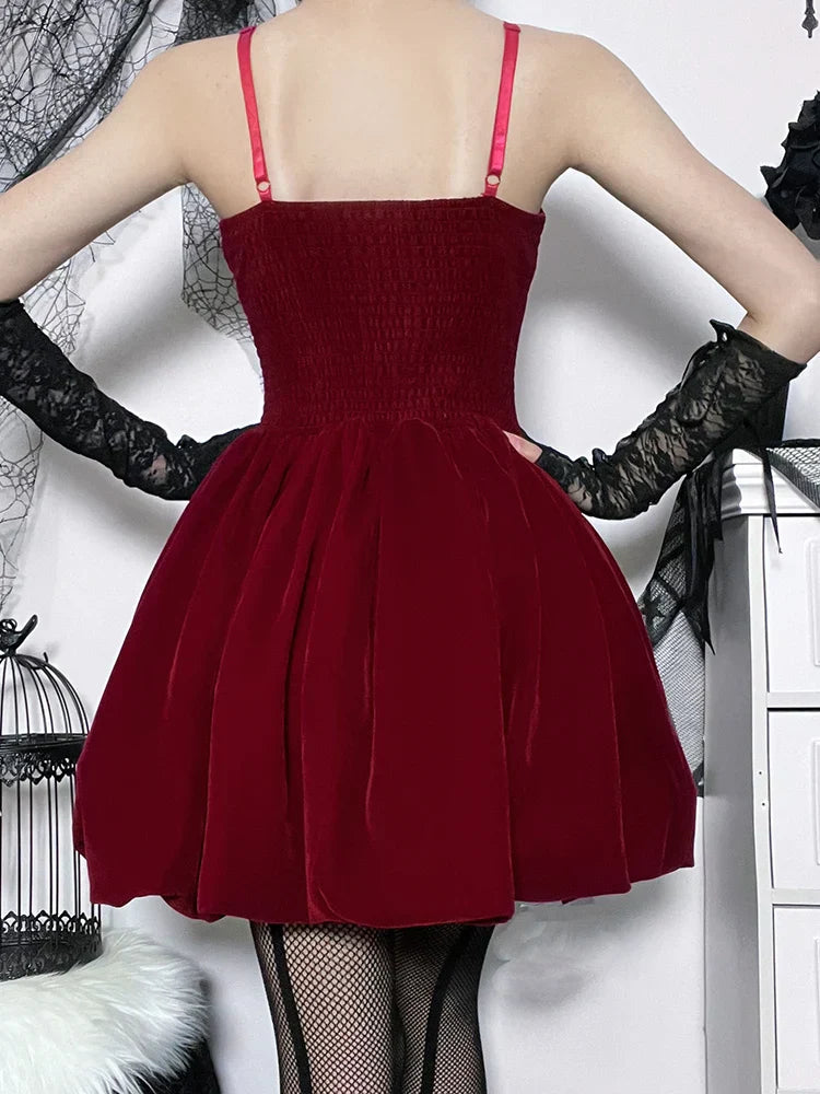 Velvet Gothic Shirring High Waist Solid Spaghetti Straps A Line Mini Dress