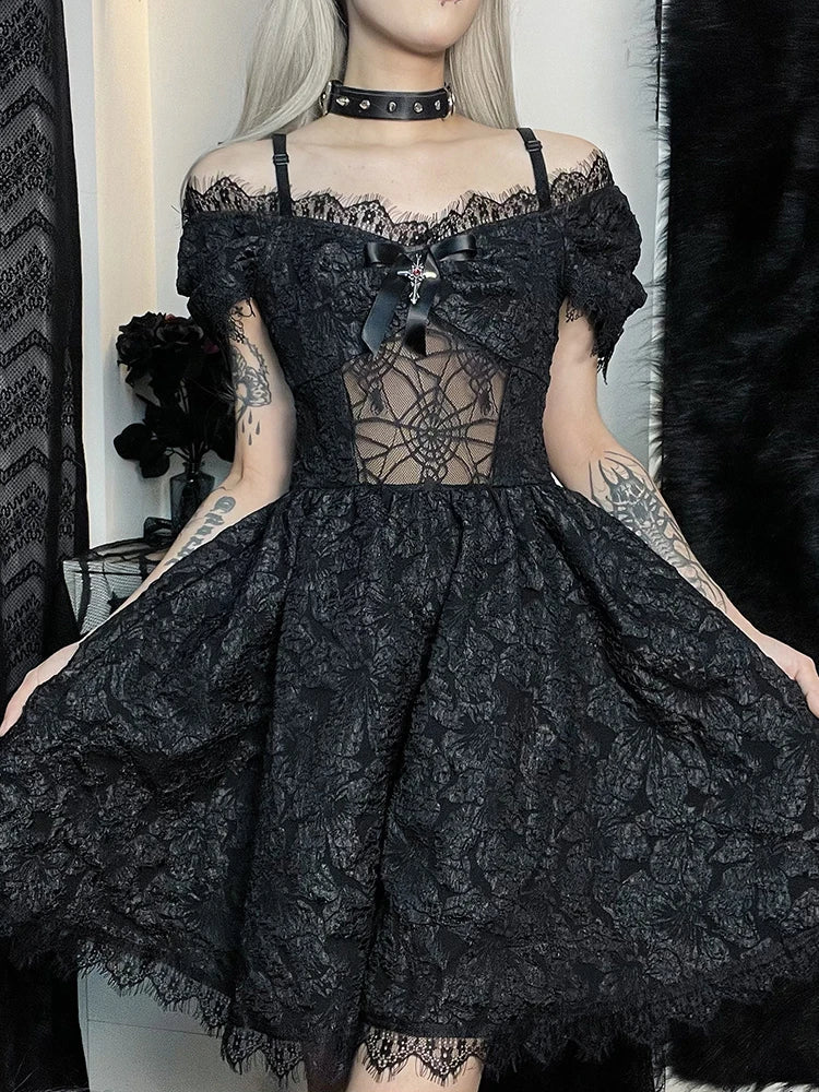 Mini Party Aesthetic One Shoulder Strap Lace Cutouts Graceful ALine High Waist Prom Y2K Grunge Clubwear Dress