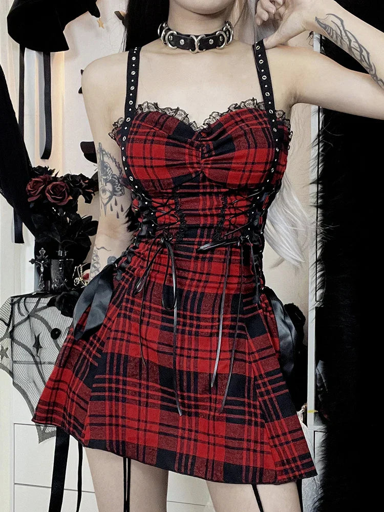 Plaid Red Street Goth Fairy Grunge Y2K Pleated LaceUp Tube Lolita Eyelet Corset Mini Dress