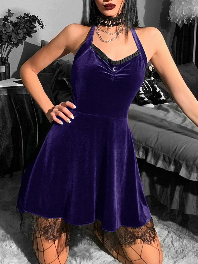 Gothic Velvet Green Halter Y2K Backless Lace Patchwork High Waist Mini Dress