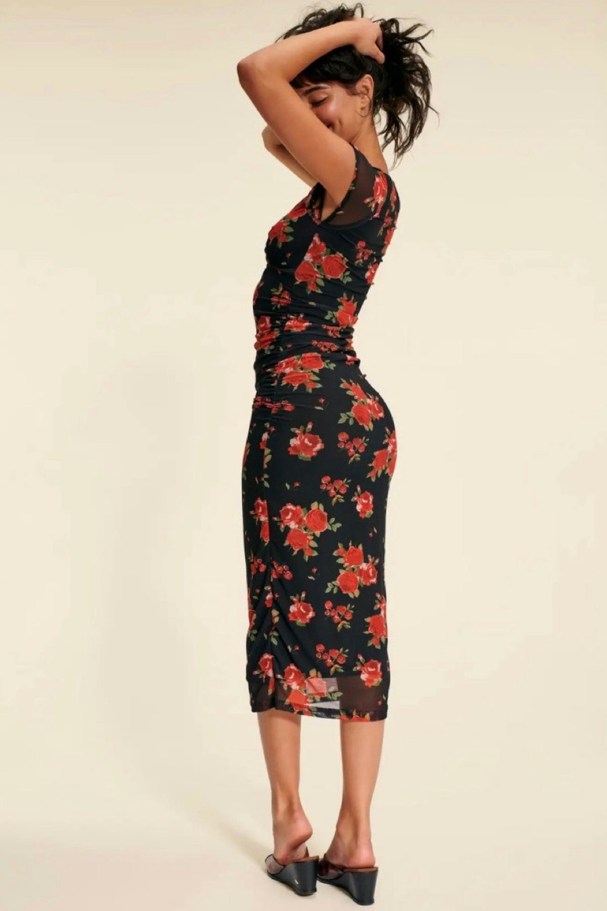 Flower Mesh Sweetheart Neck Midi Dress