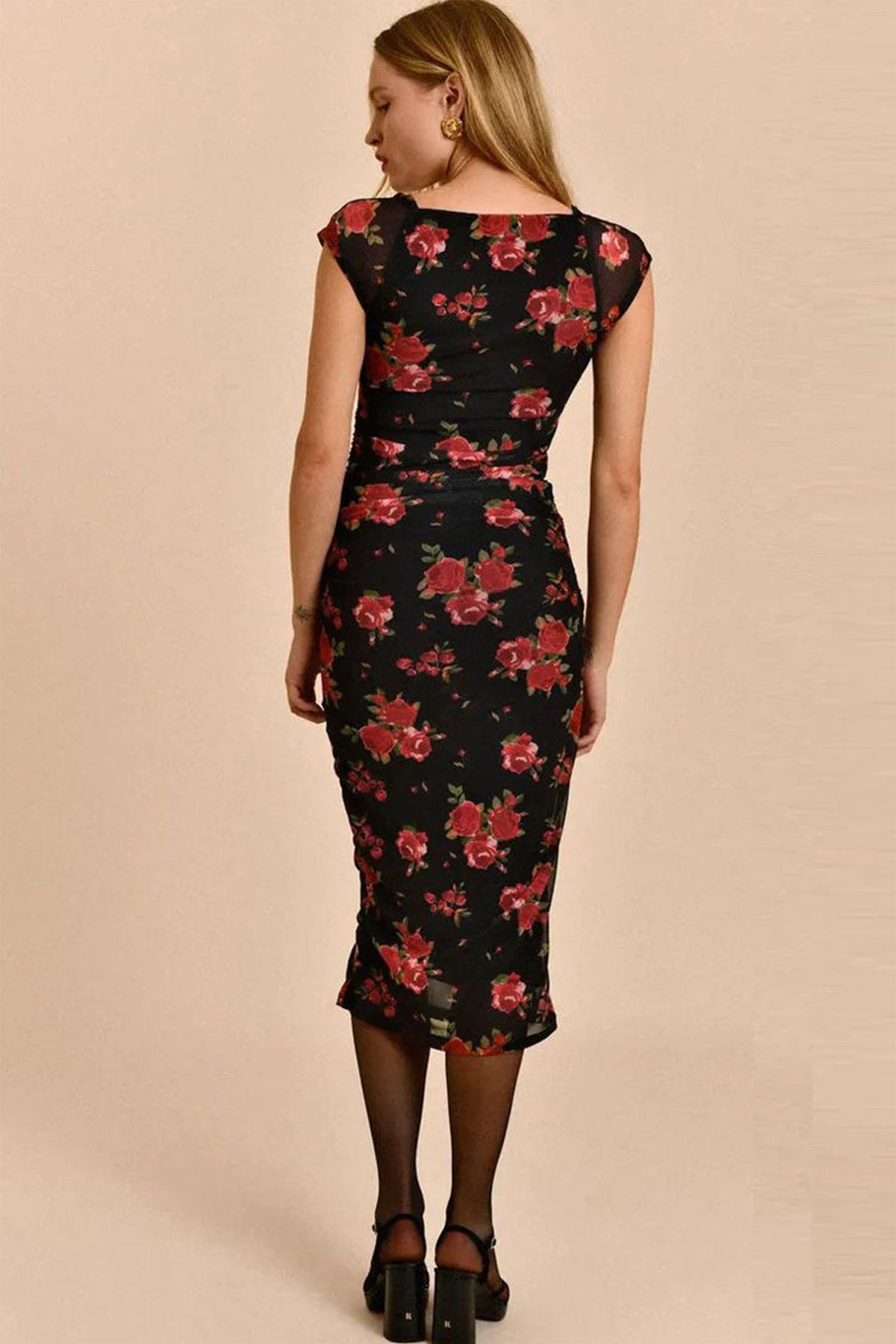 Flower Mesh Sweetheart Neck Midi Dress