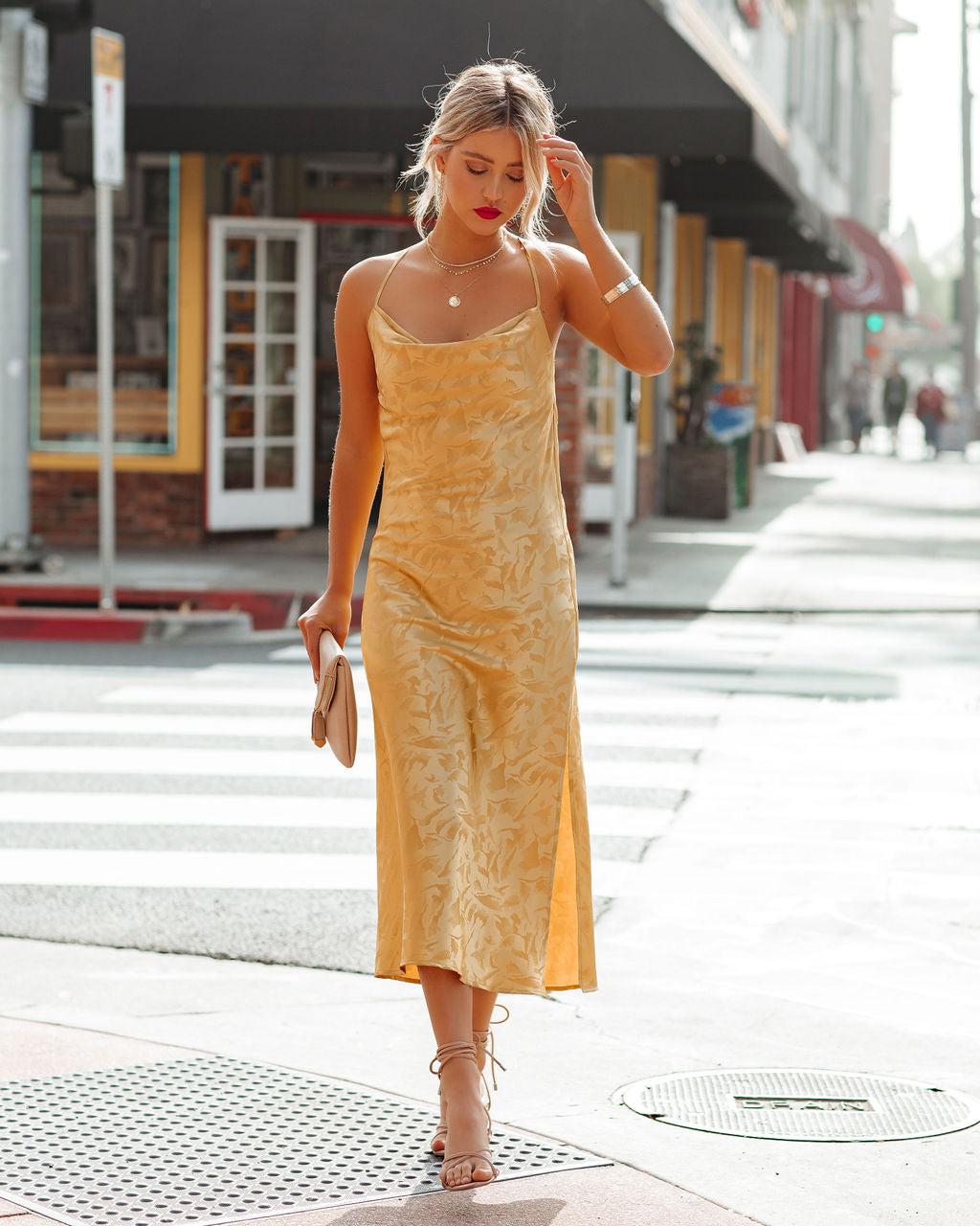Satin Janene Cowl Neck Midi Dress Golden Yellow FINAL