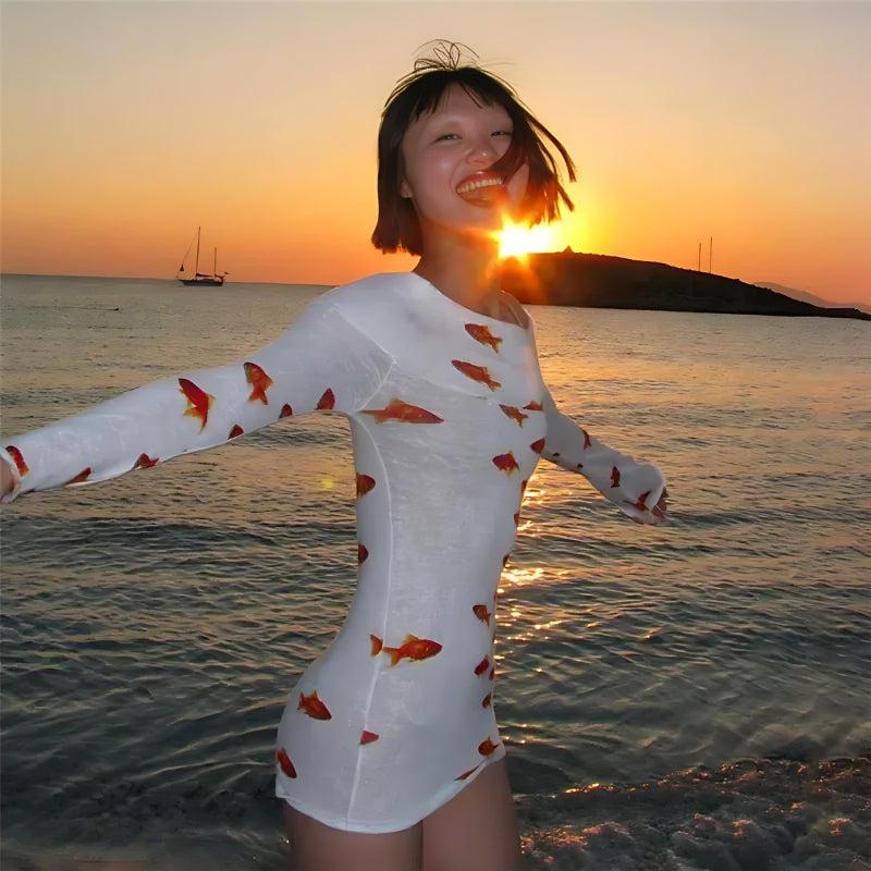 Fish Koi Printed Mesh Mini Dress