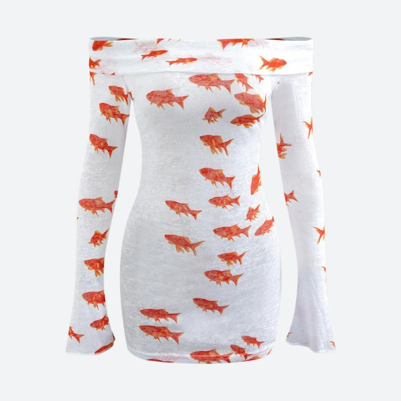 Fish Koi Printed Mesh Mini Dress