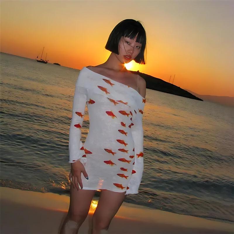 Fish Koi Printed Mesh Mini Dress