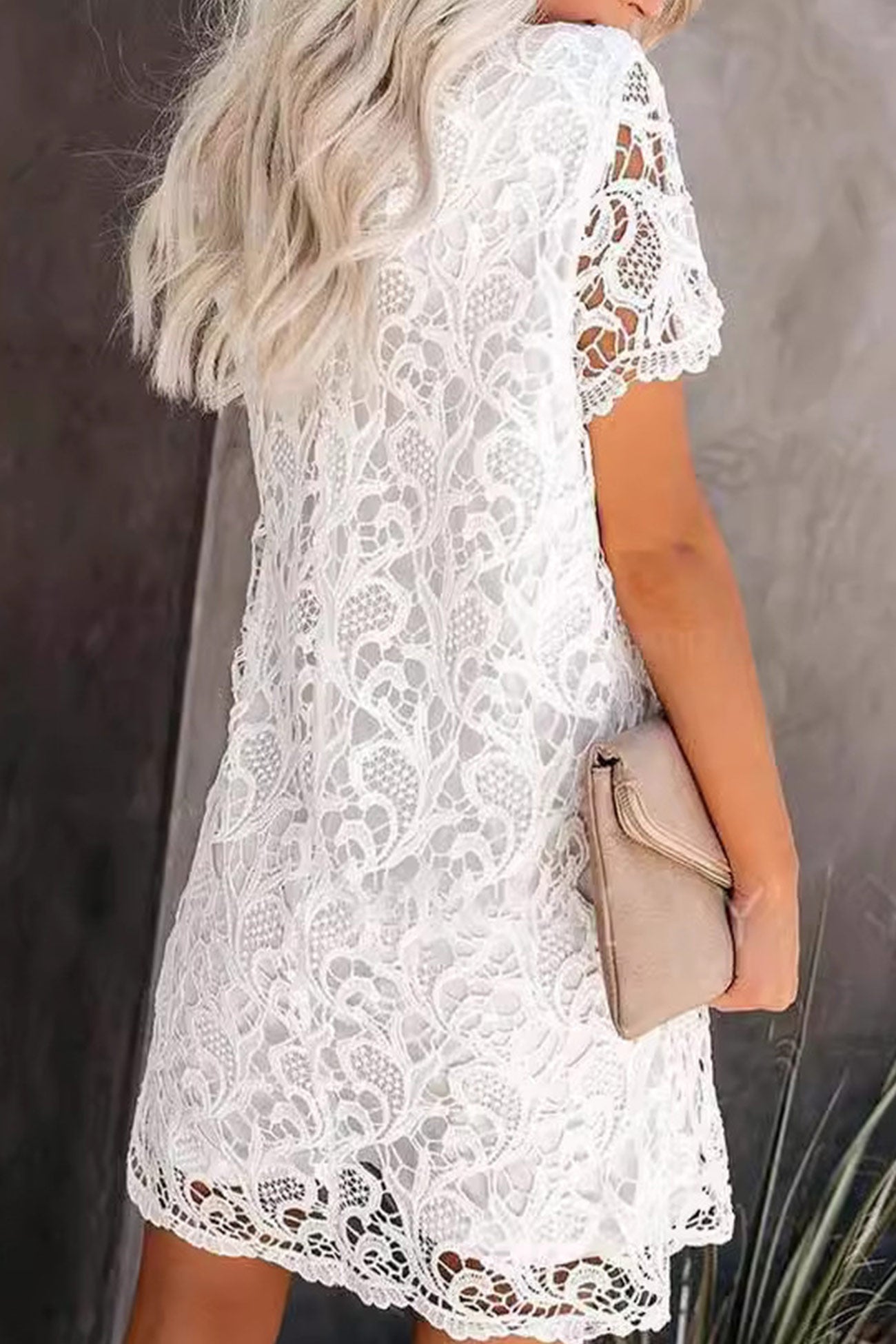 Crew Lace Neck Short Sleeve Mini Dress