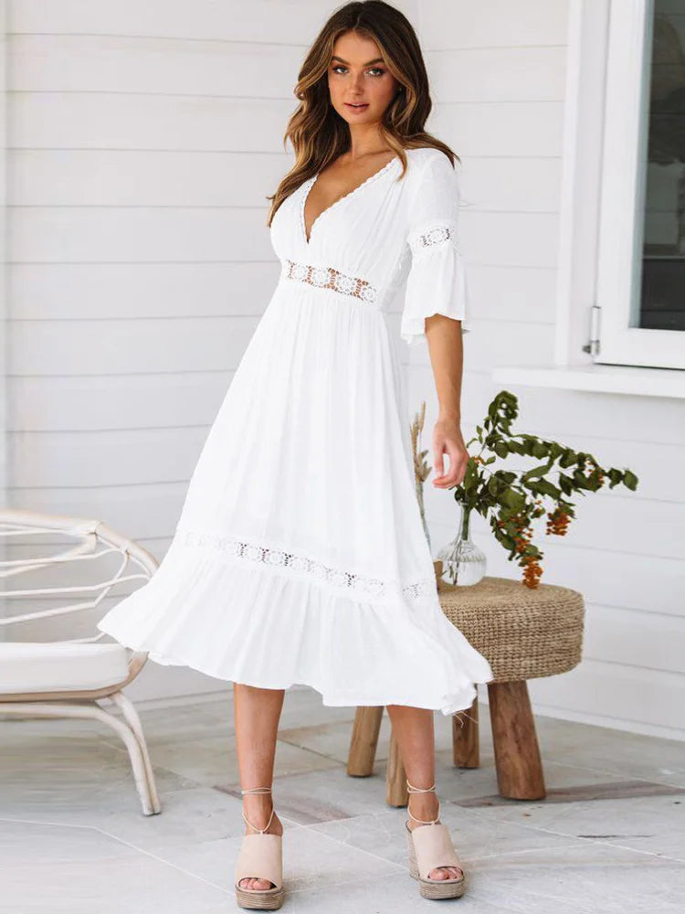 Neck V Lace Splice Boho Midi Dress