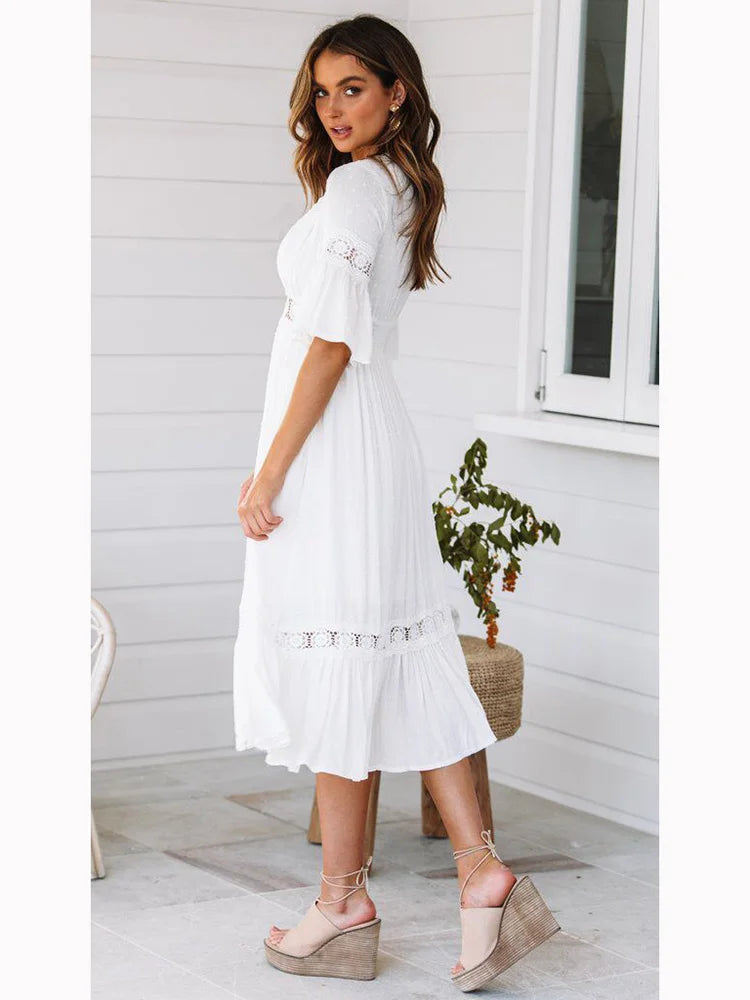 Neck V Lace Splice Boho Midi Dress