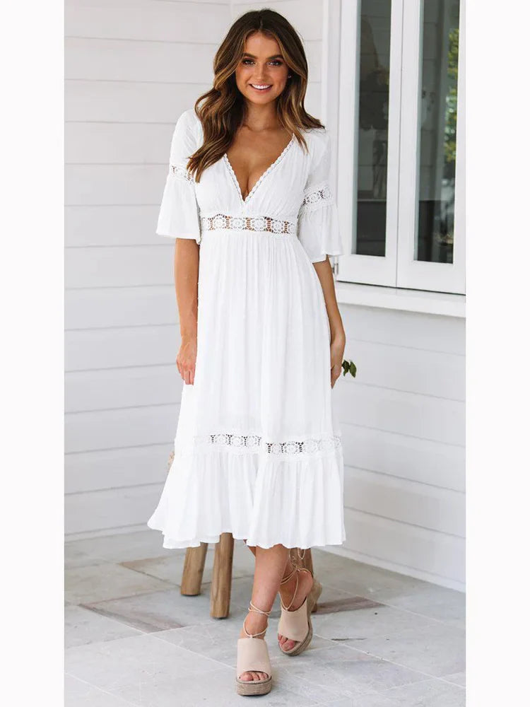 Neck V Lace Splice Boho Midi Dress
