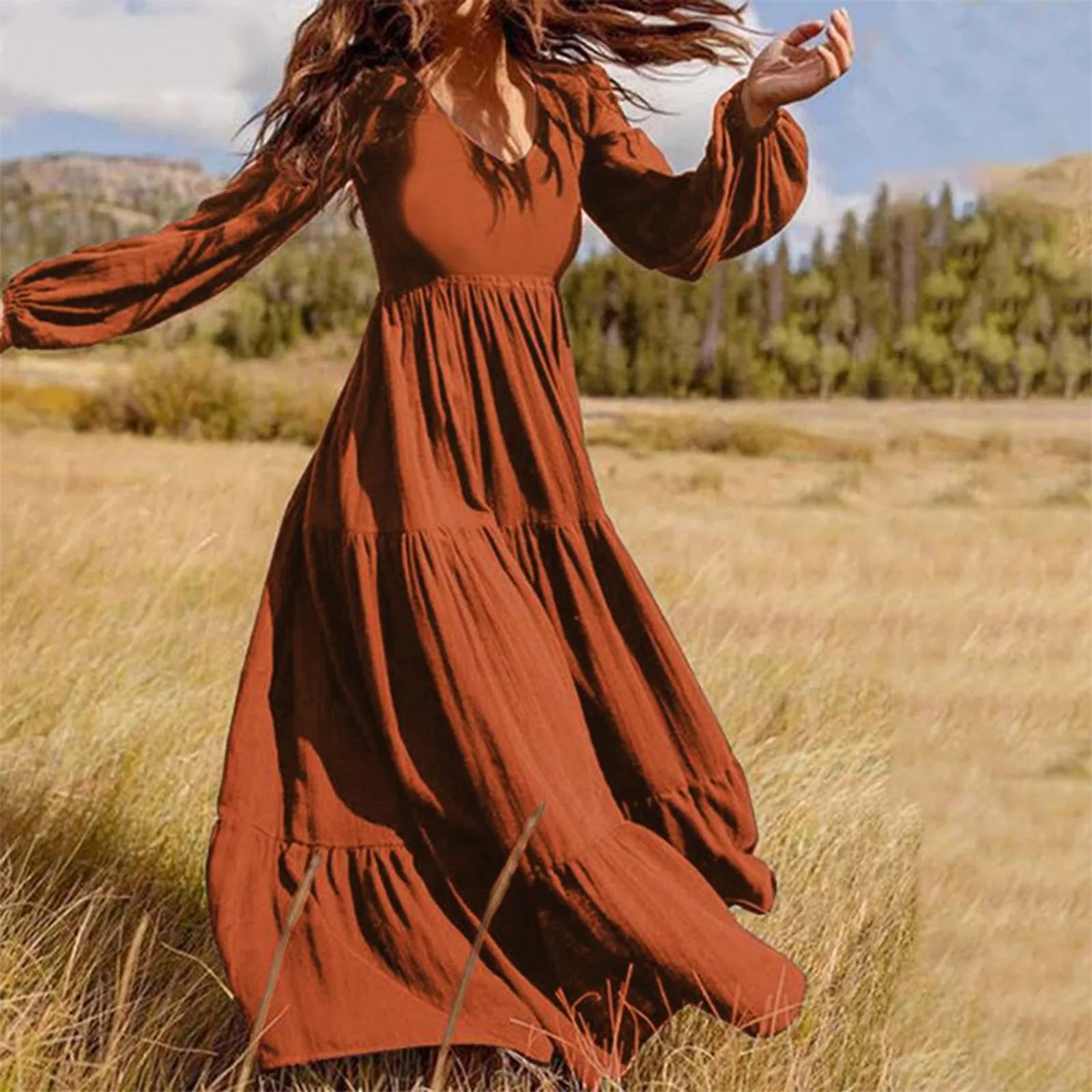 2024 Plus Size Solid Color VNeck ALine Boho Maxi Dress