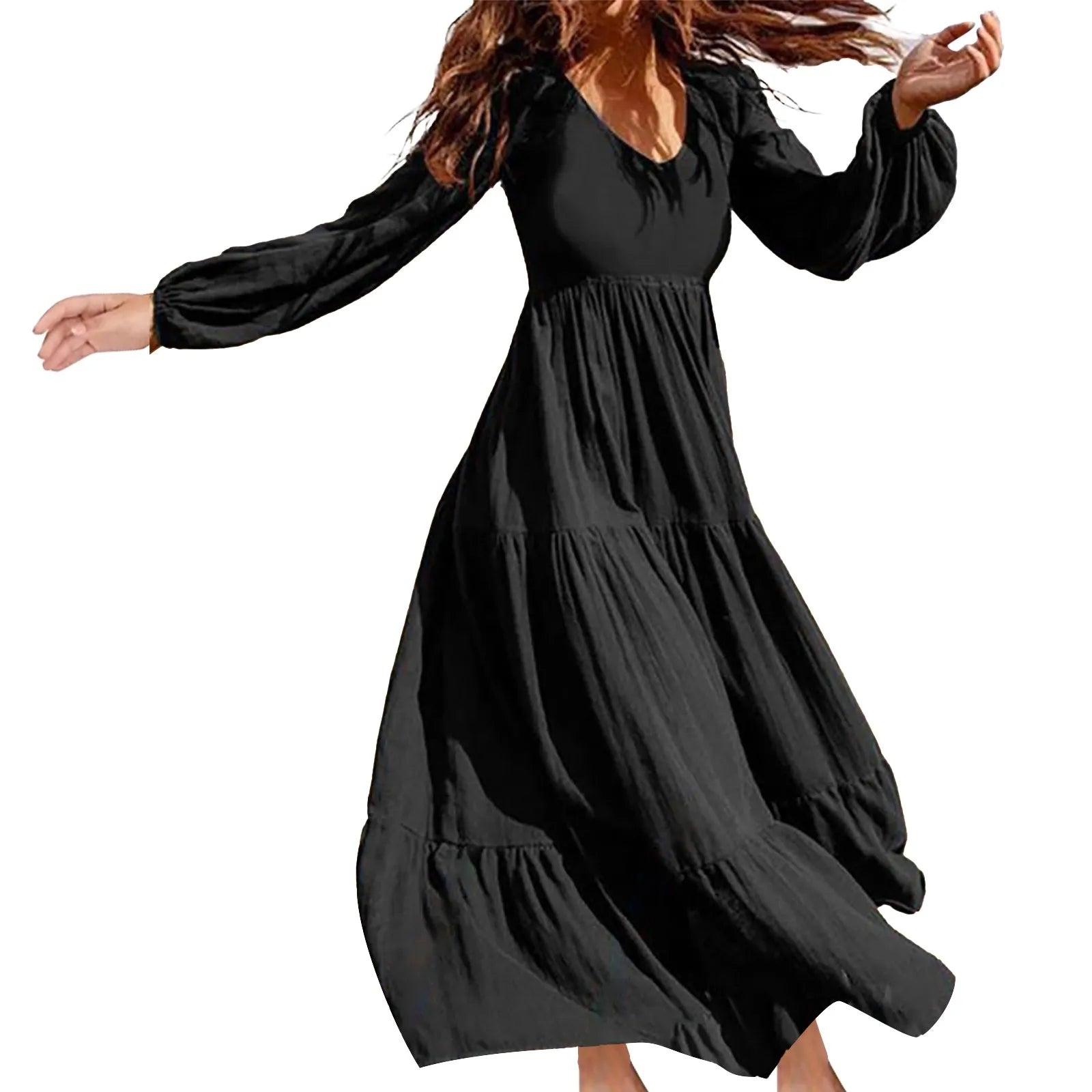 2024 Plus Size Solid Color VNeck ALine Boho Maxi Dress