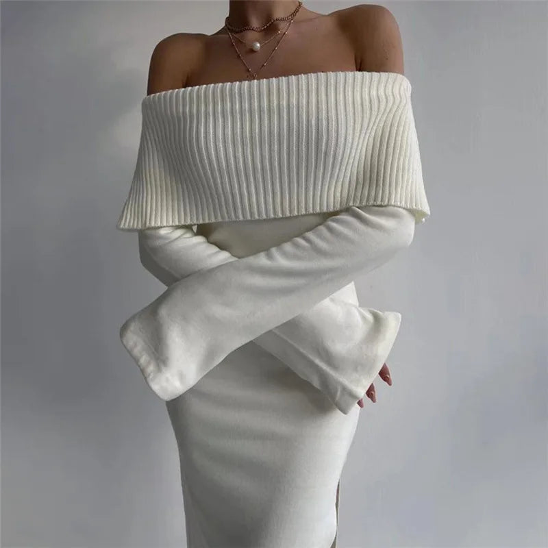 2024 OffShoulder Lapel Neck Long Sleeve Maxi Dress