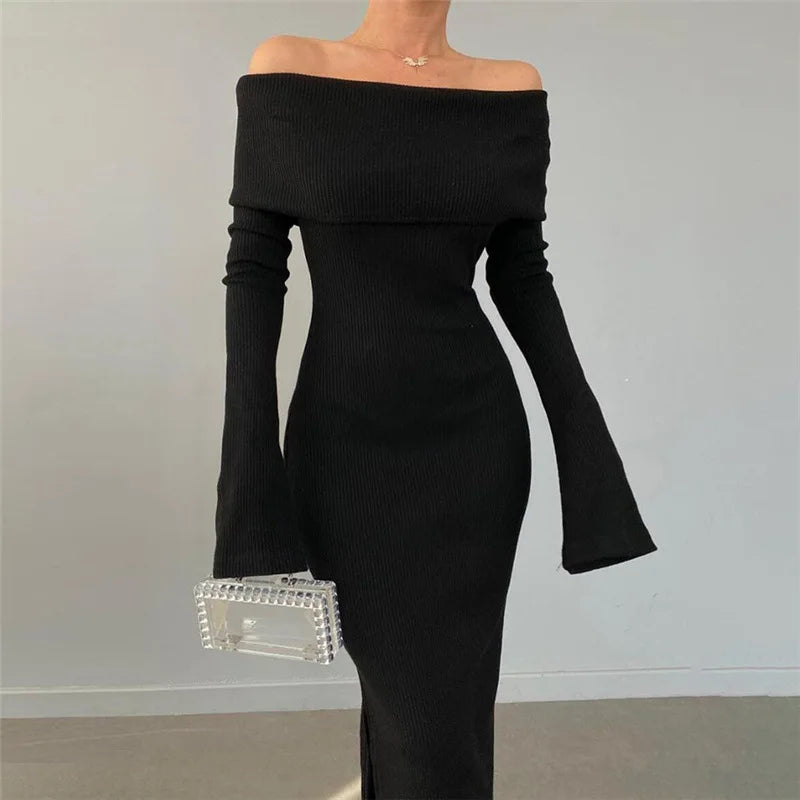2024 OffShoulder Lapel Neck Long Sleeve Maxi Dress