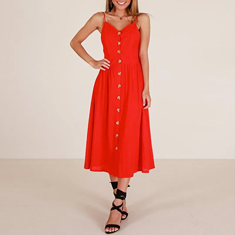 Button Suspender Backless VNeck Midi Dress