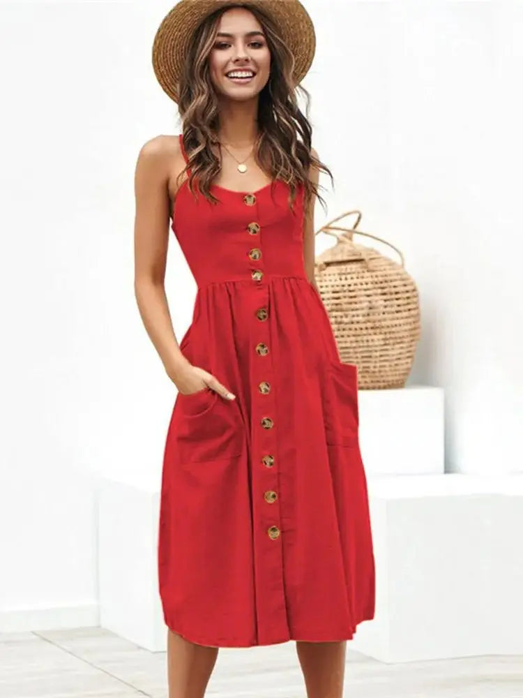 Button Suspender Backless VNeck Midi Dress
