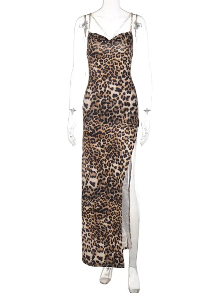 Leopard Chain Strap Side Slit Backless Festival Refined Midi Dresses