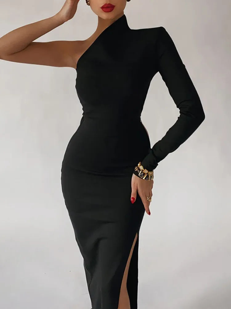 2024 Summer One Shoulder Maxi Chic Black Bodycon Dress