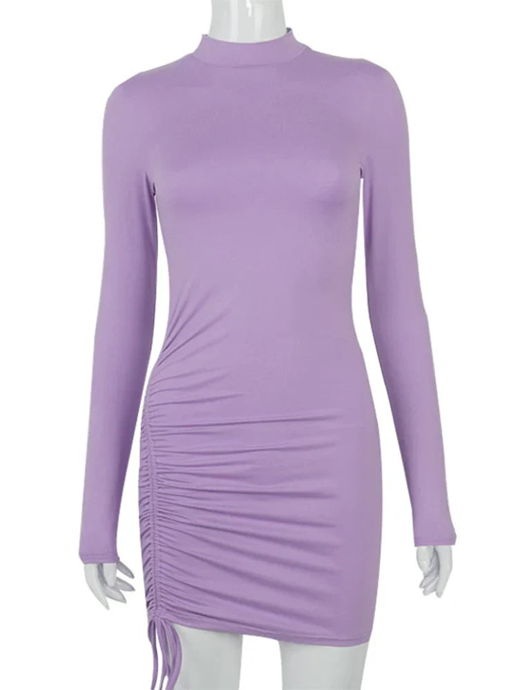 Sleeve Long Ruched Turtleneck Bandage Autumn Black Stretchy Midi Dresses