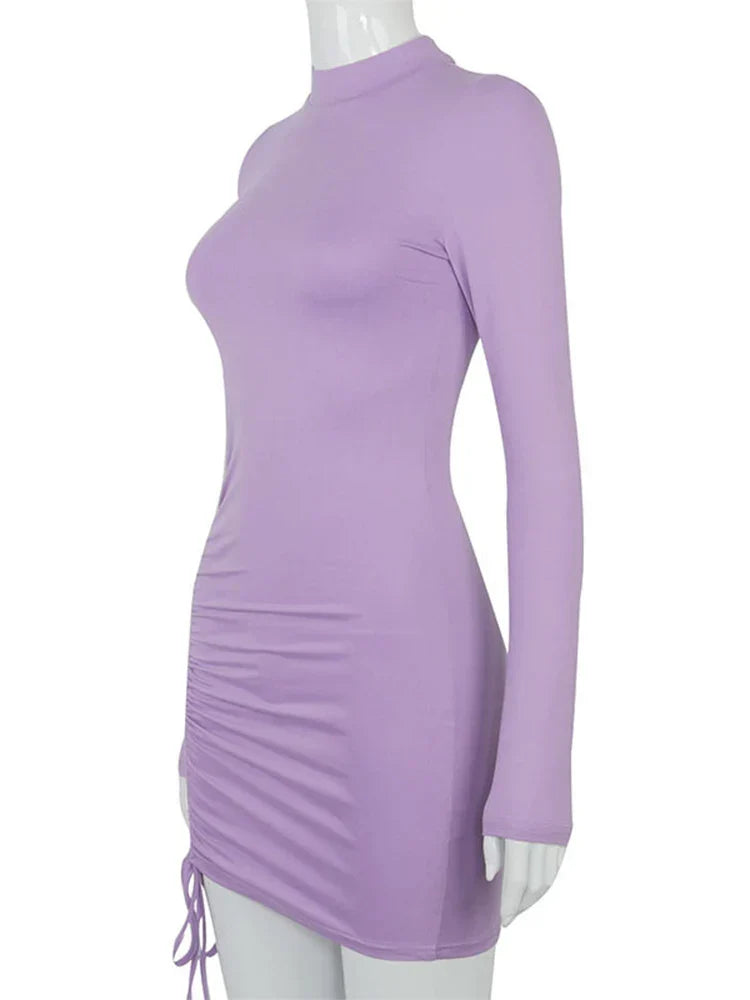 Sleeve Long Ruched Turtleneck Bandage Autumn Black Stretchy Midi Dresses