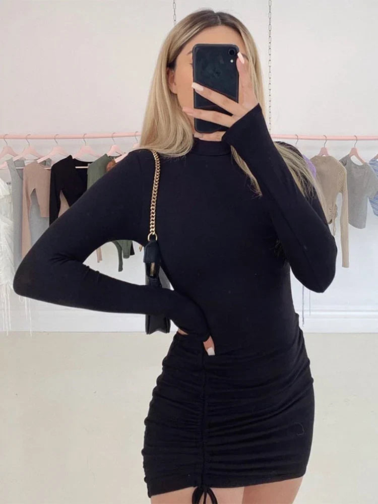 Sleeve Long Ruched Turtleneck Bandage Autumn Black Stretchy Midi Dresses
