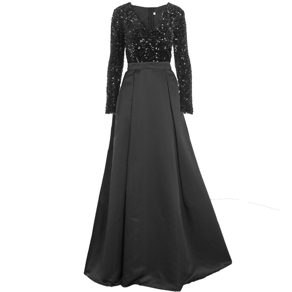 Kissnovaa - Lush Black Sequin Patchwork Maxi Prom Dress