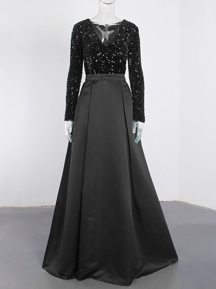 Kissnovaa - Lush Black Sequin Patchwork Maxi Prom Dress