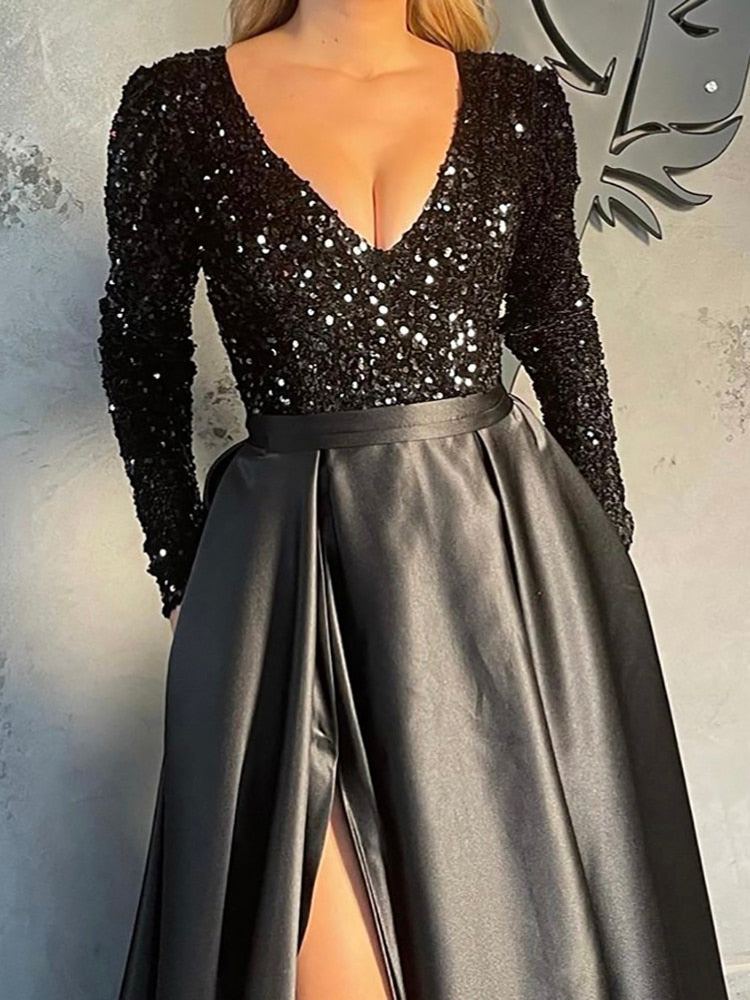 Kissnovaa - Lush Black Sequin Patchwork Maxi Prom Dress