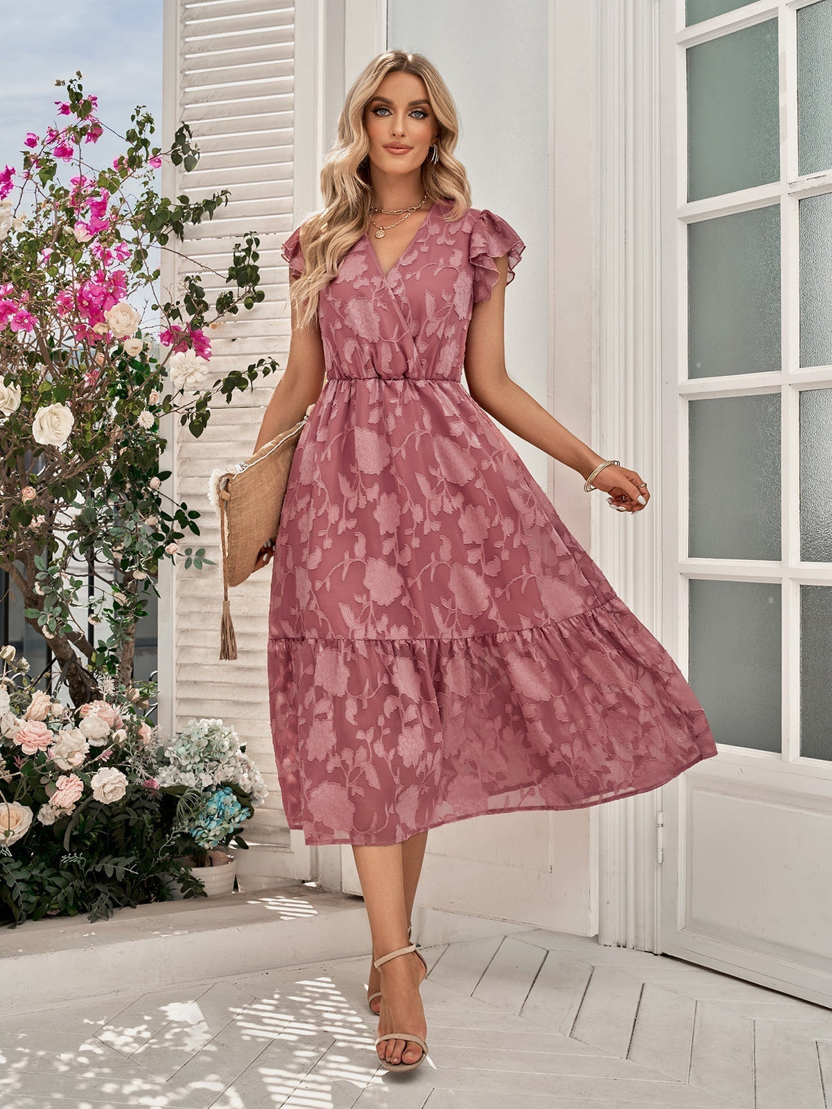 Rebecca V Neck A Line Dress: Bloom Flutter Sleeve Surplice Midi