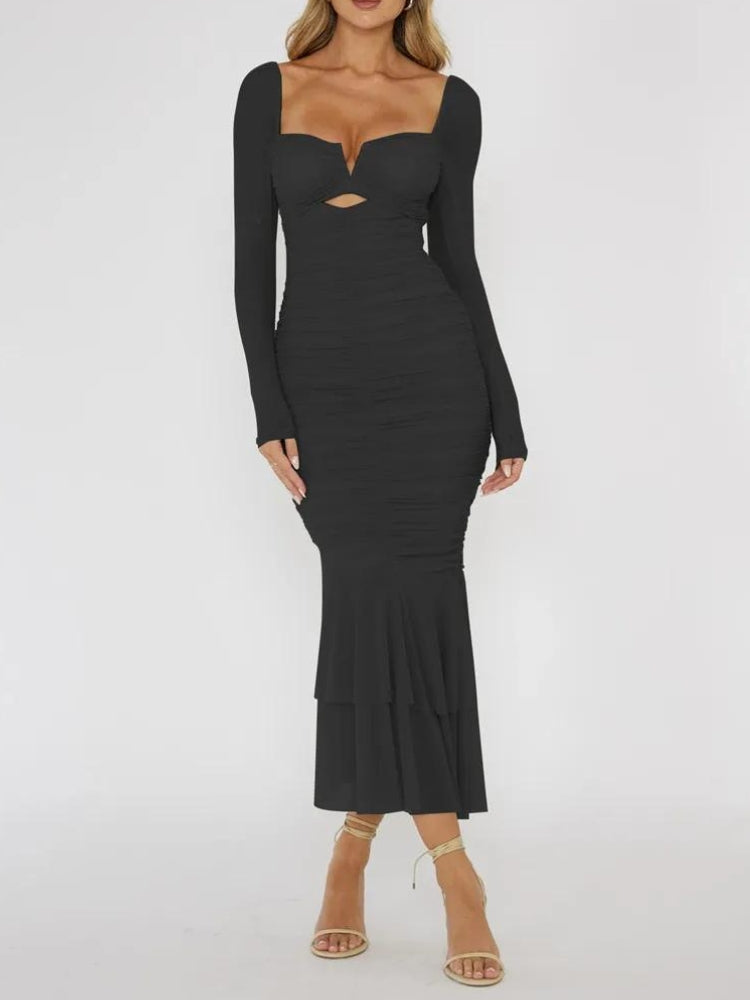 Ruched Mesh Bodycon Midi Dress