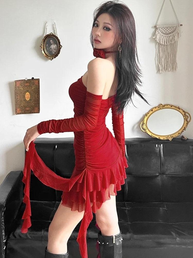 Ruffled Mesh Strapless Mini Dress