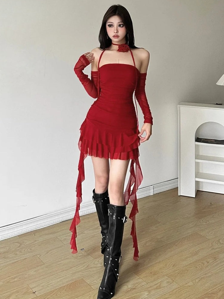 Ruffled Mesh Strapless Mini Dress