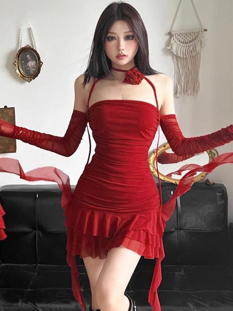 Ruffled Mesh Strapless Mini Dress