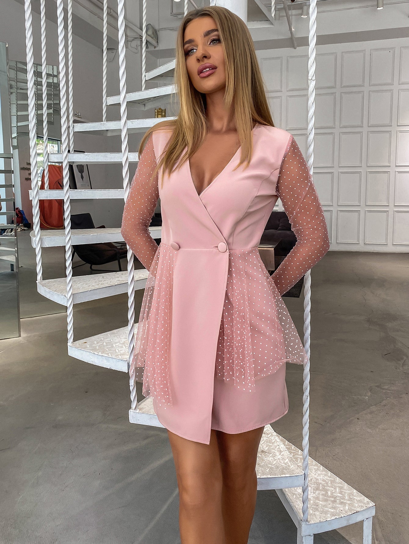 Sleeve Mesh Double Button Wrap Dress
