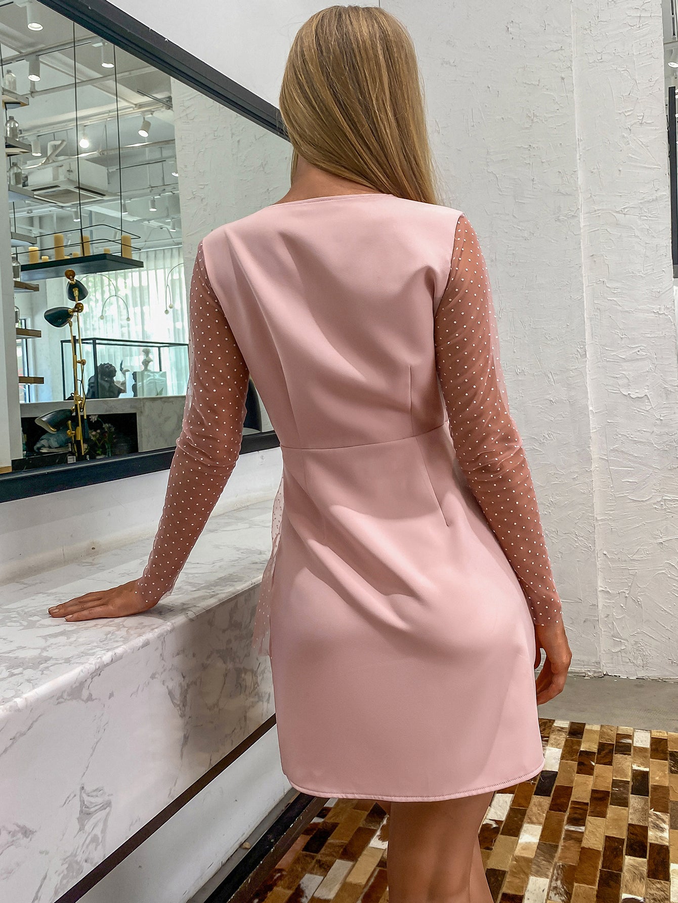 Sleeve Mesh Double Button Wrap Dress