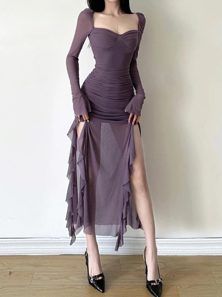 Split Mesh Midi Dress