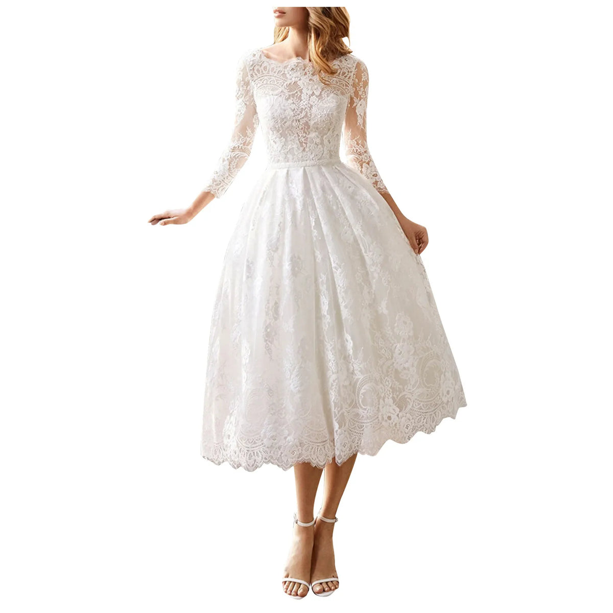 Sleeved Long Backless Slim Fitting White Lace Midi Dress