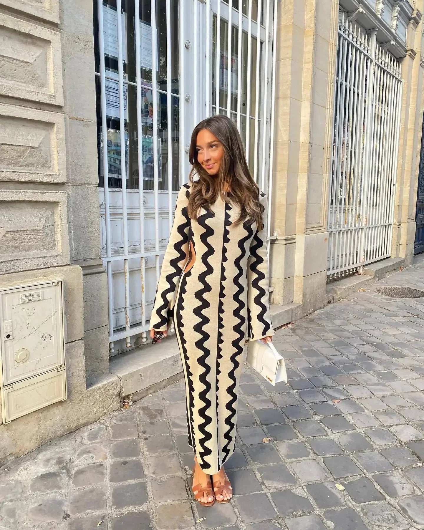 2024 Chic Wave Striped Oneck Maxi Knitted Bodycon Dress