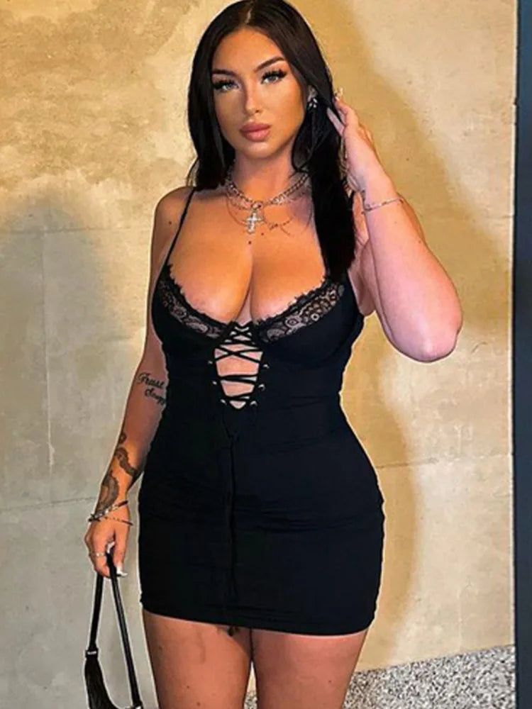 Lace Black Spaghetti Strap Backless Mini Dress Cut Out Dresses