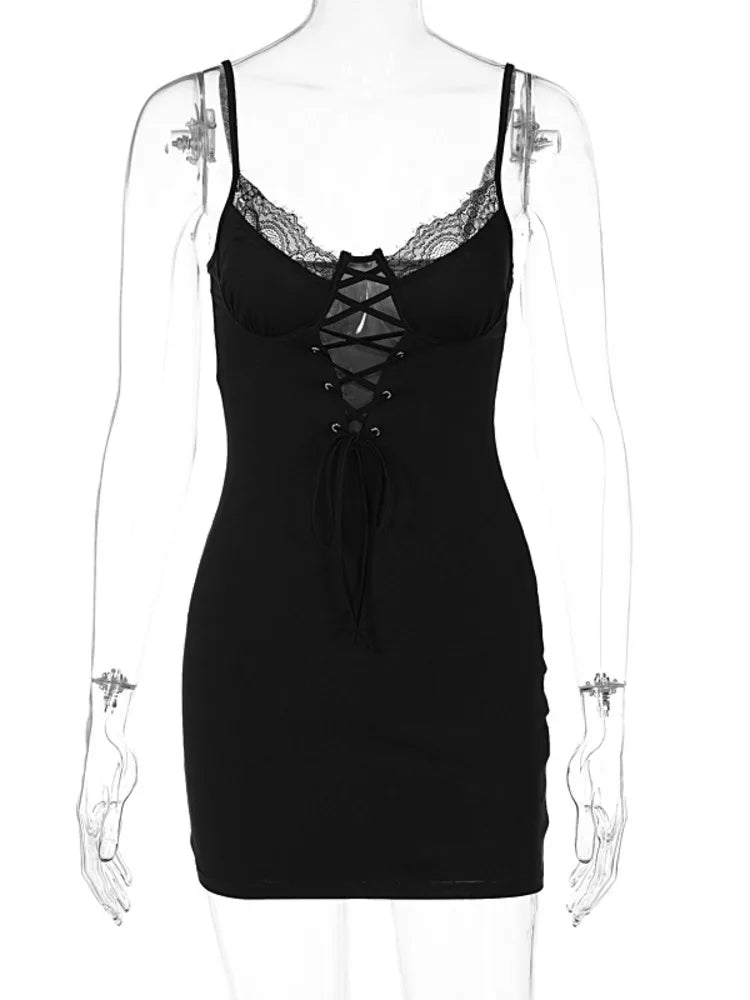 Lace Black Spaghetti Strap Backless Mini Dress Cut Out Dresses