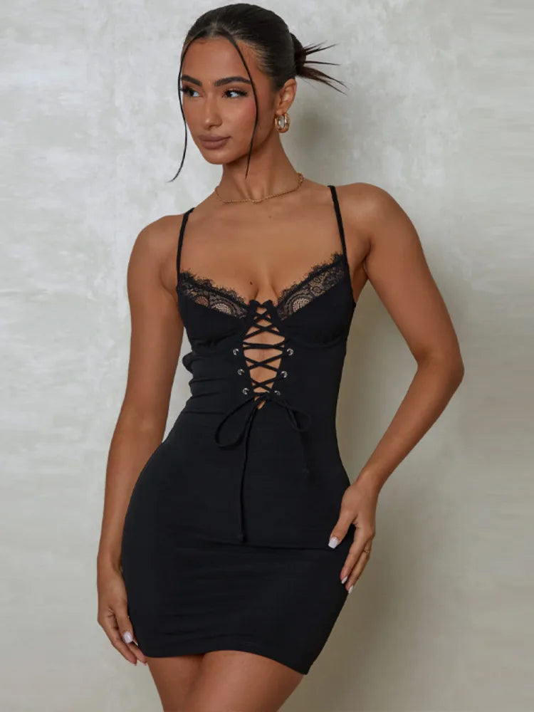 Lace Black Spaghetti Strap Backless Mini Dress Cut Out Dresses