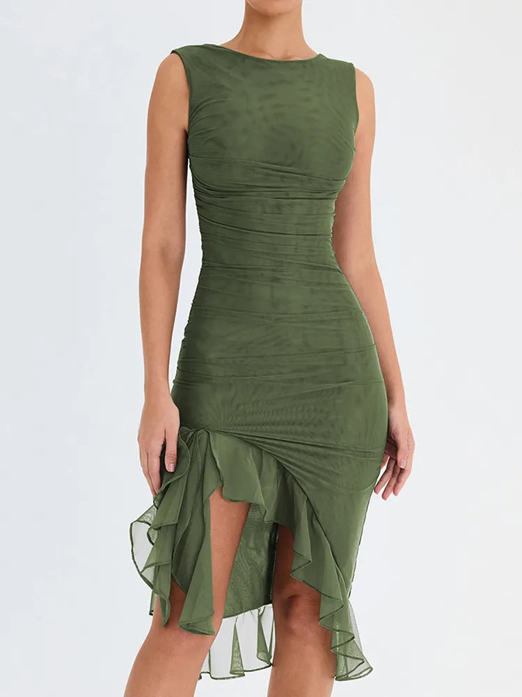 Mozision Irregular Backless Refined Ruffle Midi Dress
