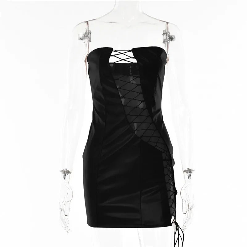 Leather PU Strapless Sleeveless Mini Dress Cut Out Dresses