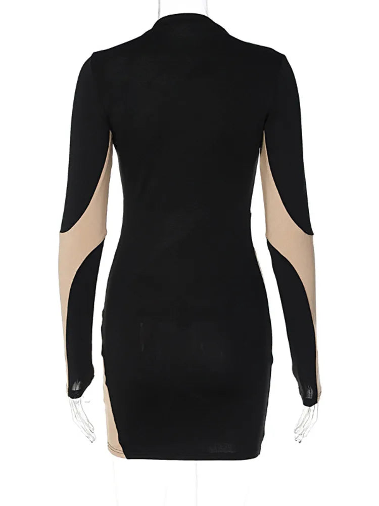 Contrast Patchwork Color O Neck Mini Dress Cut Out Dresses
