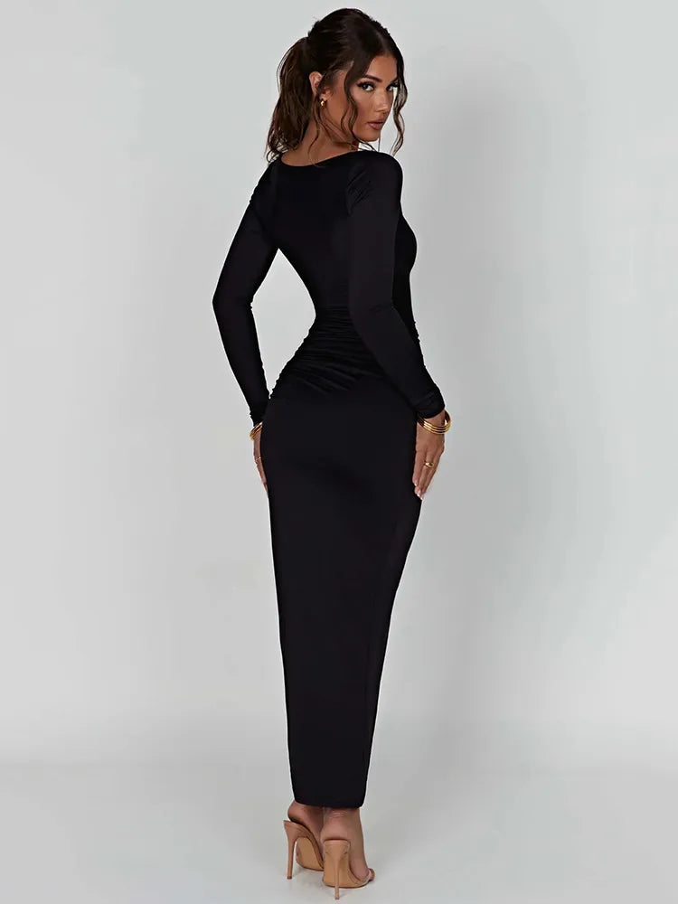 2024 Square Collar Drawstring High Split Maxi Dress Chic Autumn Cut Out Dresses