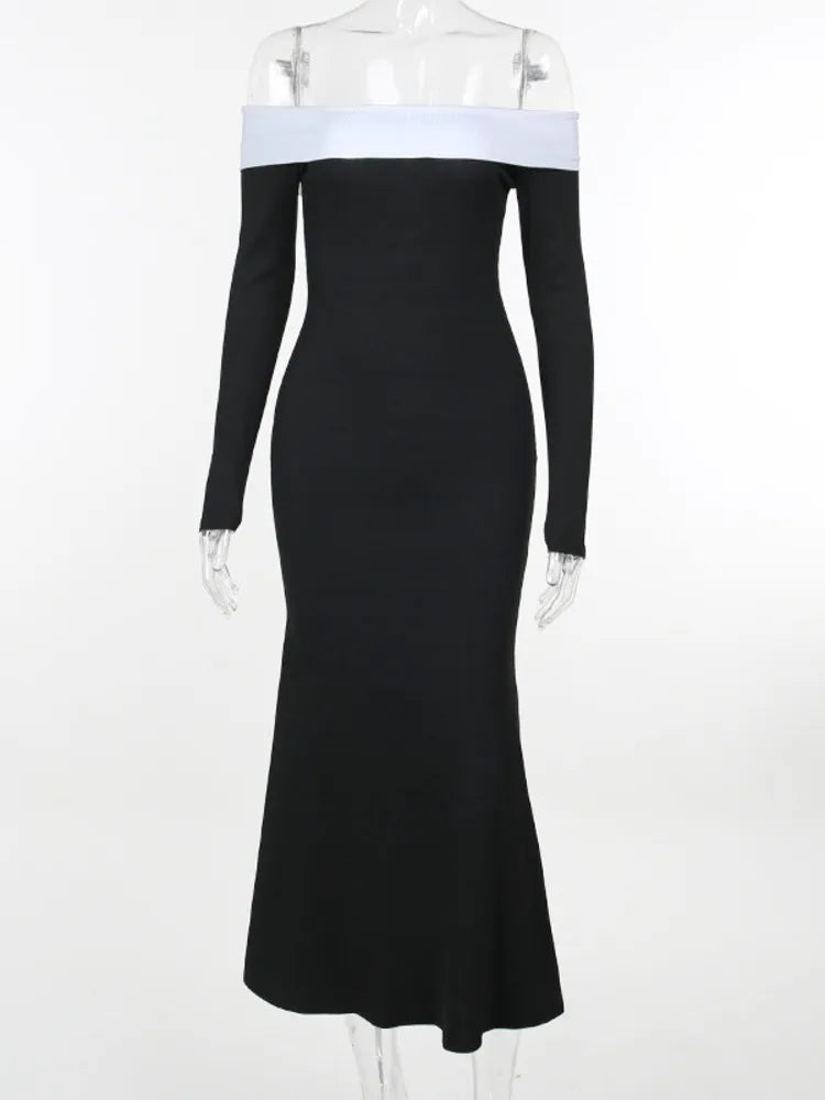 2024 Contrast Color Offshoulder Backless Maxi Dress